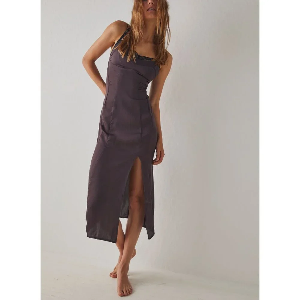 🎉LAST CHANCE🎉 FREE PEOPLE City Cool Midi Slip / Chocolate Merlot - Picture 2 of 6